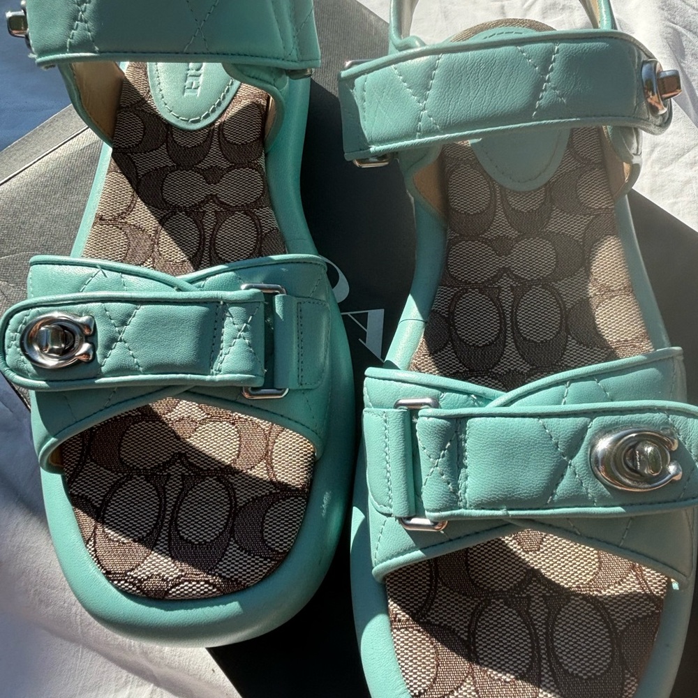 Coach Peyton Double Buckle Teal Sandals - Picture 3 of 11
